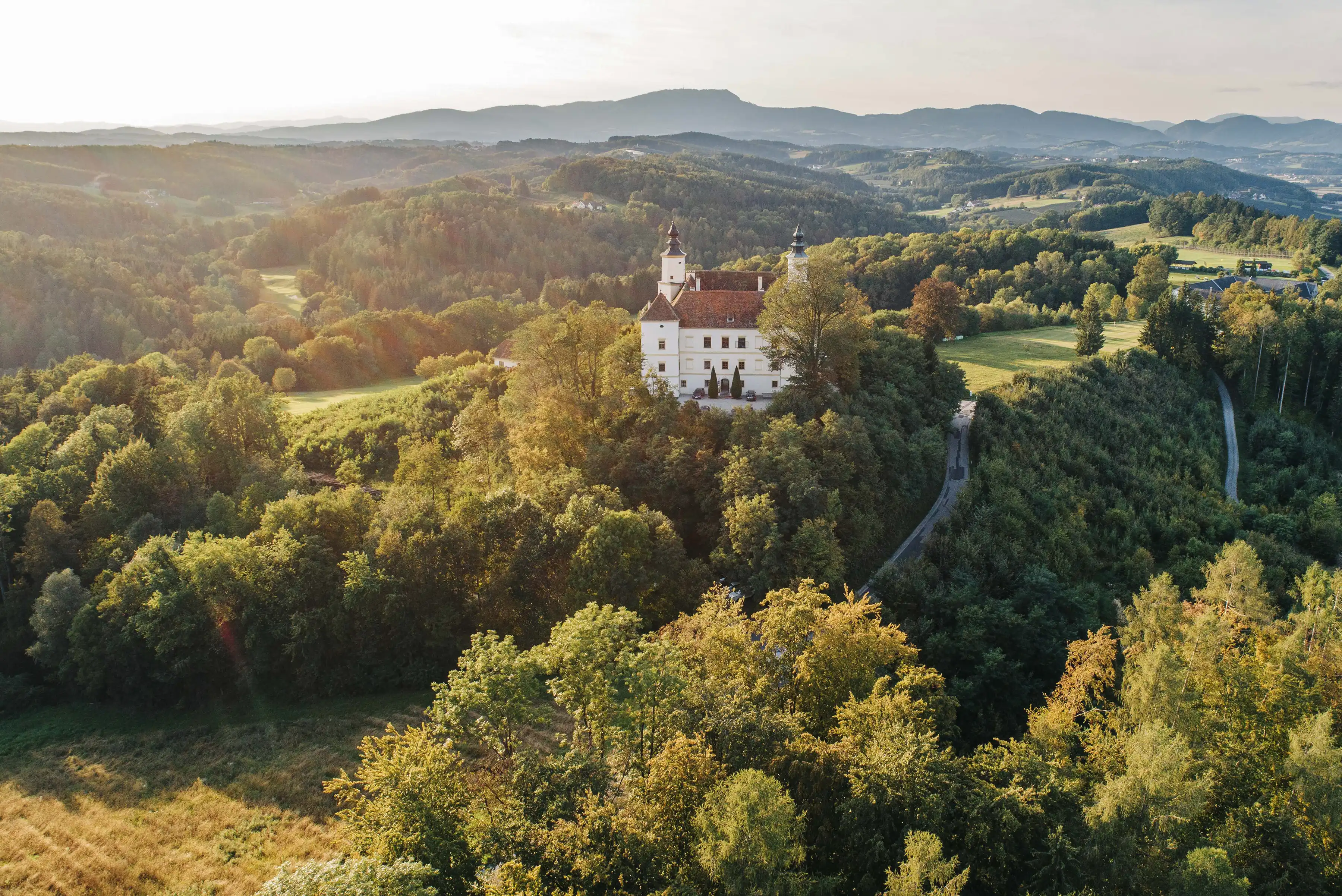 Drohnenaufnahme eines Schlosses, umgeben von einem üppigen Wald