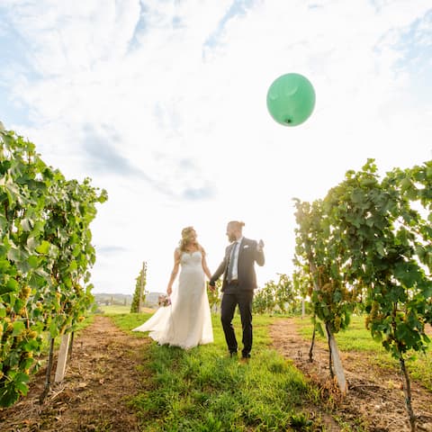 Braut und Bräutigam blicken sich im Weingarten an, mit der Sonne im Rücken und einem großen grünen Balloon in der Hand.